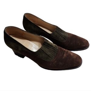 SalvatoreFerragamo Albia Vintage Chocolate Brown Green Suede Heel Loafers Sz8.5